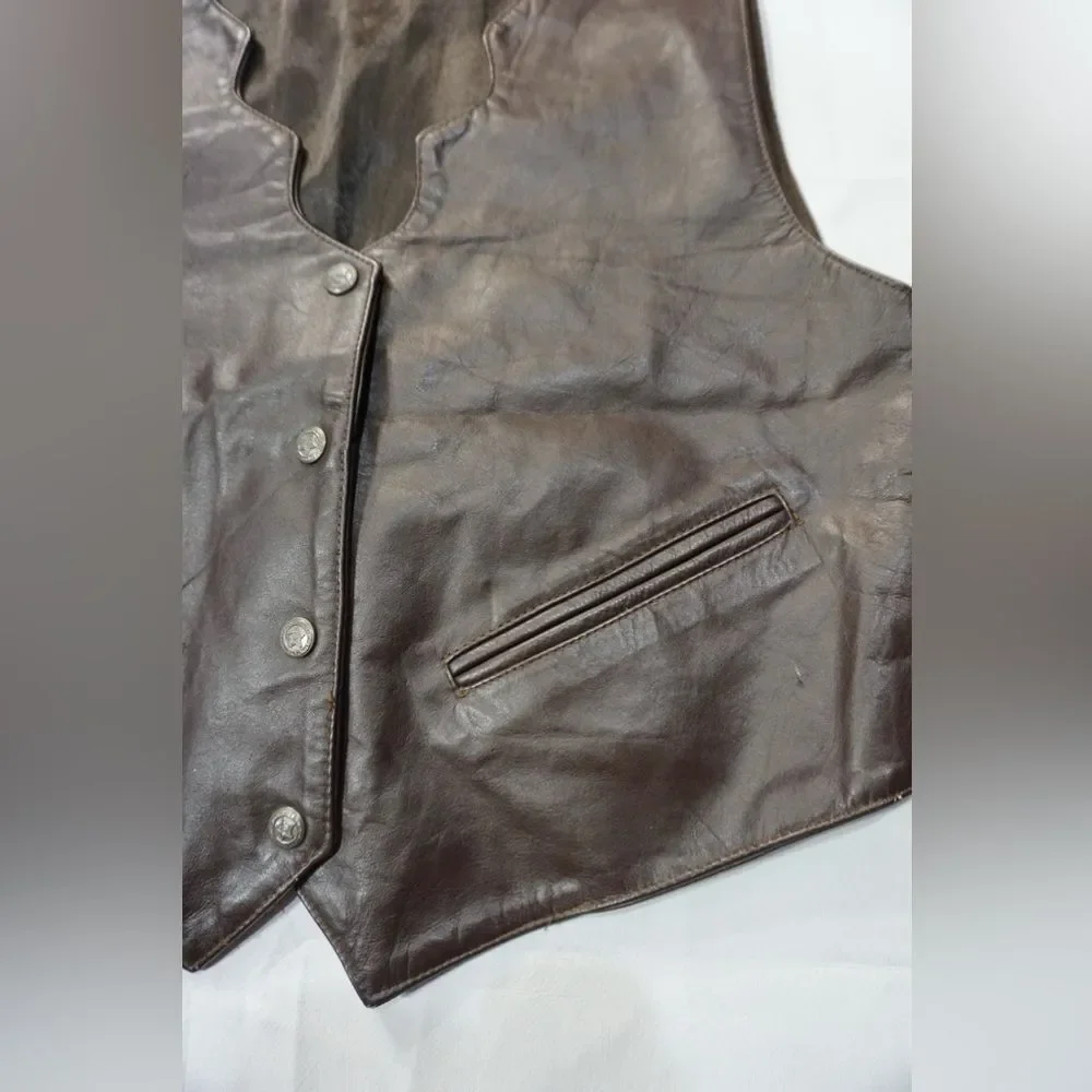 Vintage Saguaro West Brown Leather Vest Medium Western Cowboy Biker Cowboycore